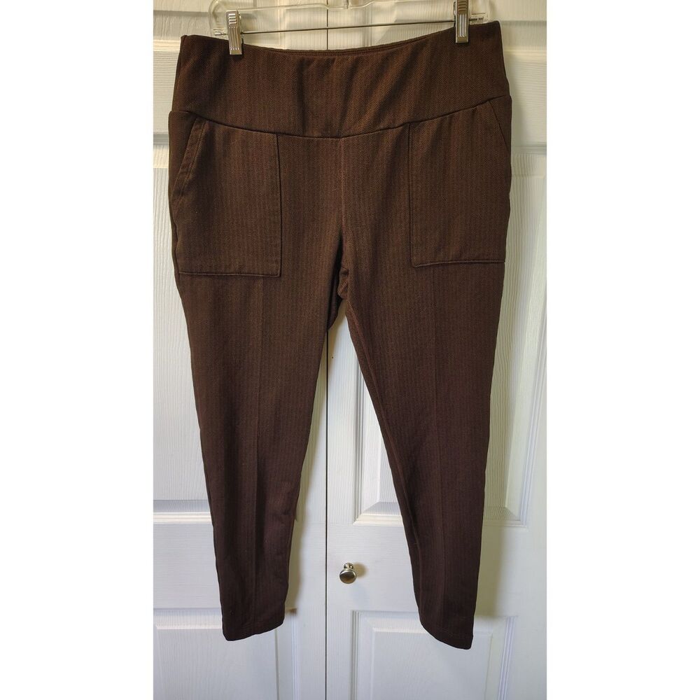 Mondetta Pull-On Herringbone Straight Leg Pants Brown Women's Size XL Pockets